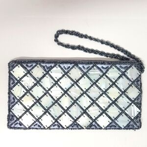 MAD BAGS Spun Silk Zip Top Wristlet With Mother-of-Pearl & Beaded Accents